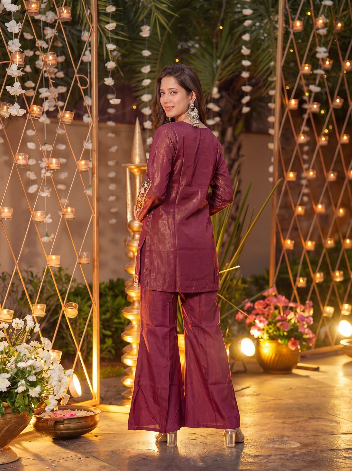 Wine Signature Mirror Embellished Palazzo Set