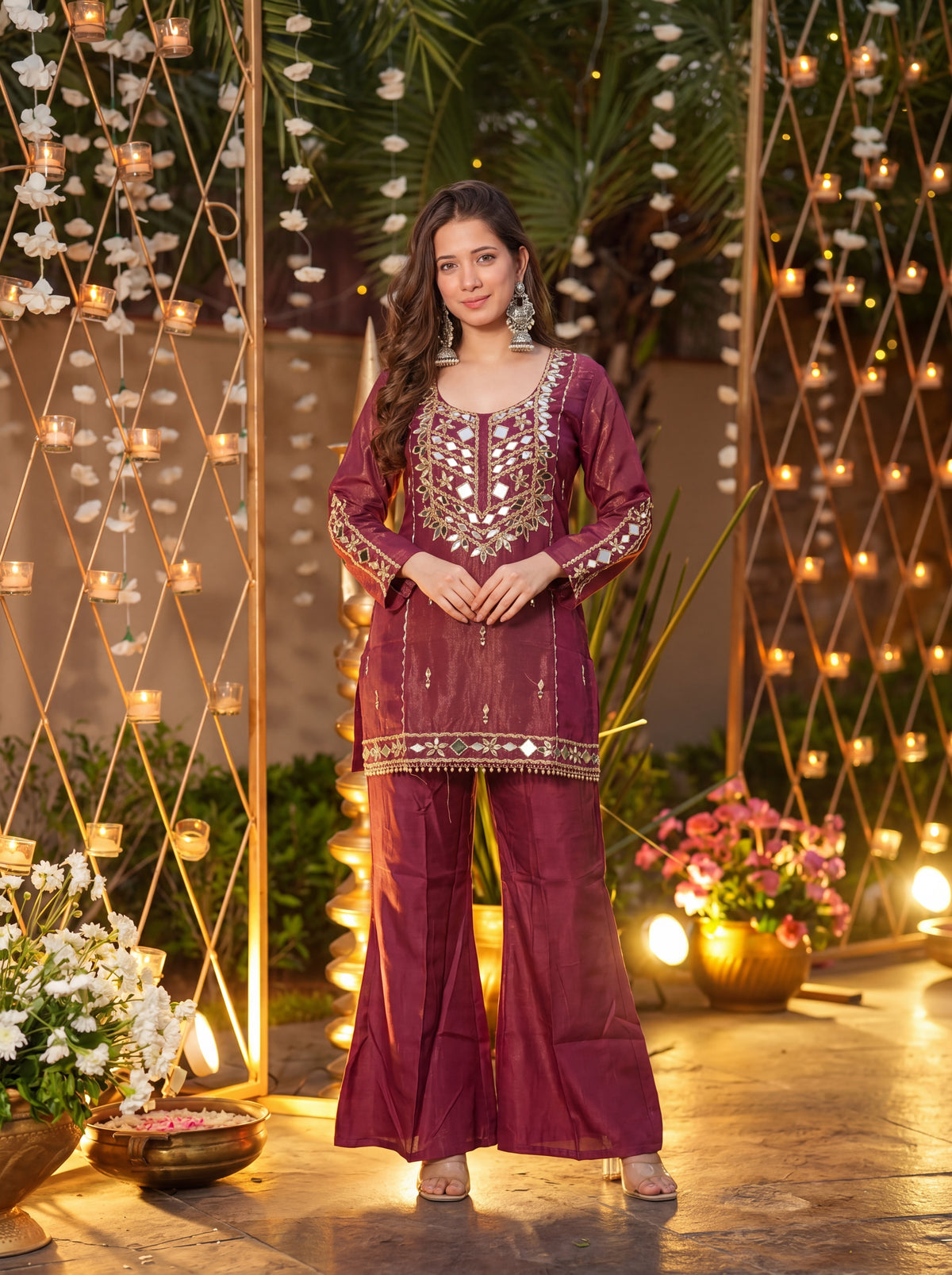 Wine Signature Mirror Embellished Palazzo Set