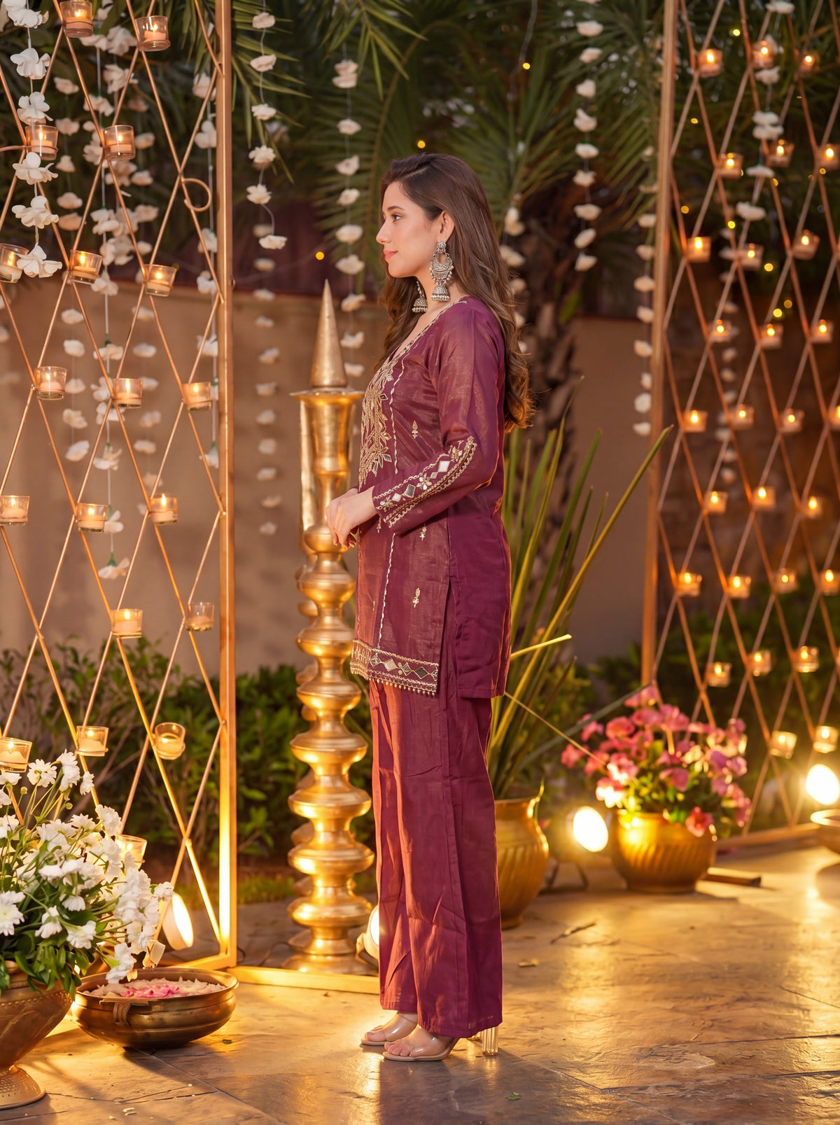 Wine Signature Mirror Embellished Palazzo Set