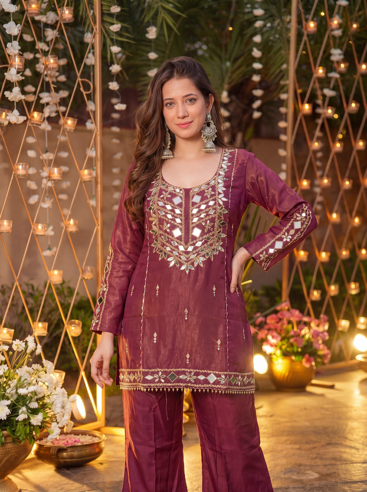 Wine Signature Mirror Embellished Palazzo Set