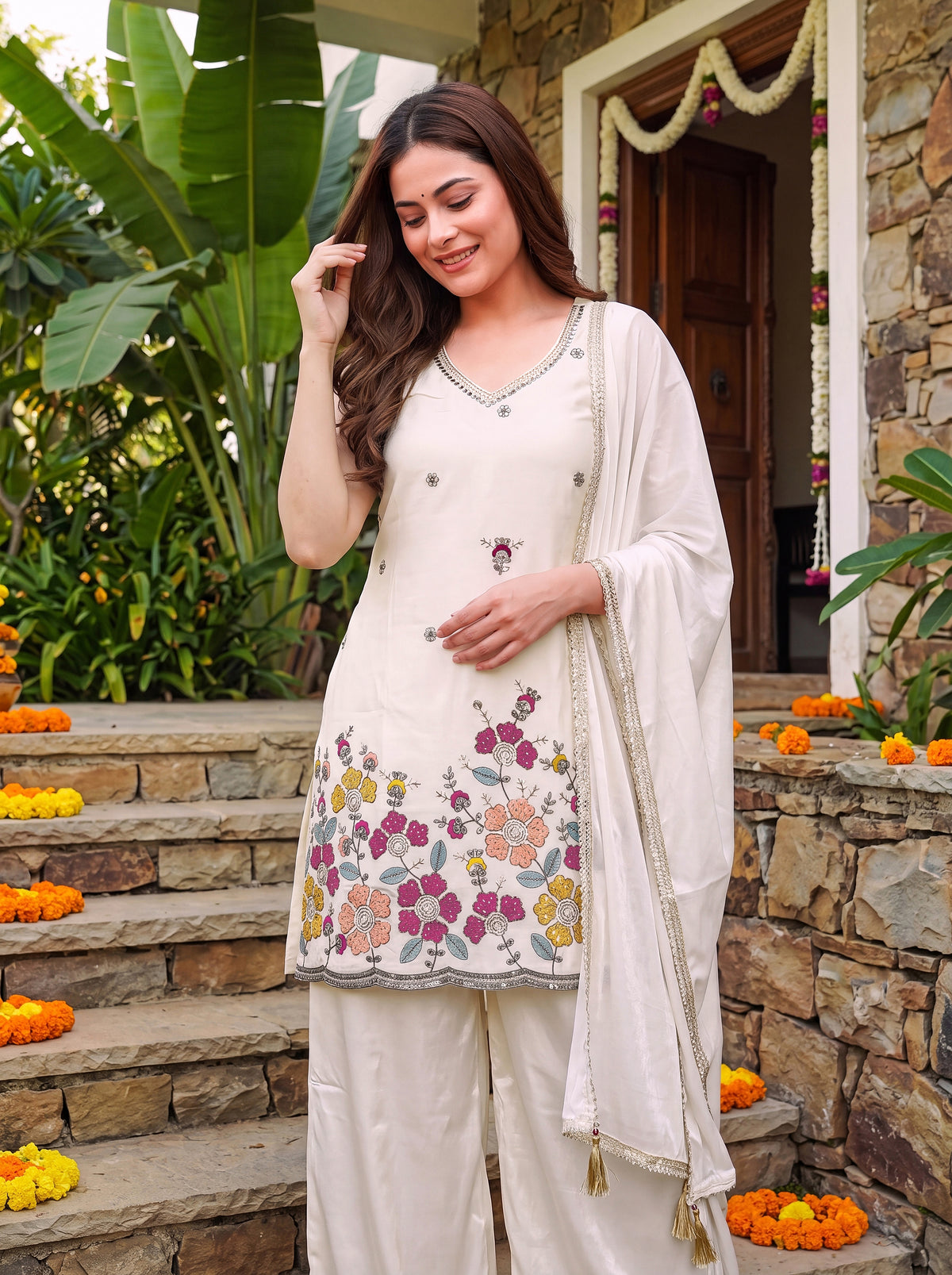 Women’s Off White Sharara Suit Set with Floral Beadwork & Dupatta