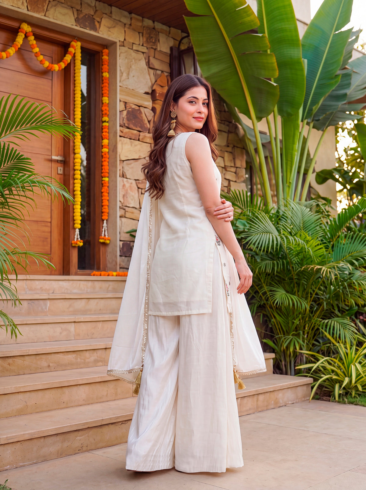 Women’s Off White Sharara Suit Set with Floral Beadwork & Dupatta