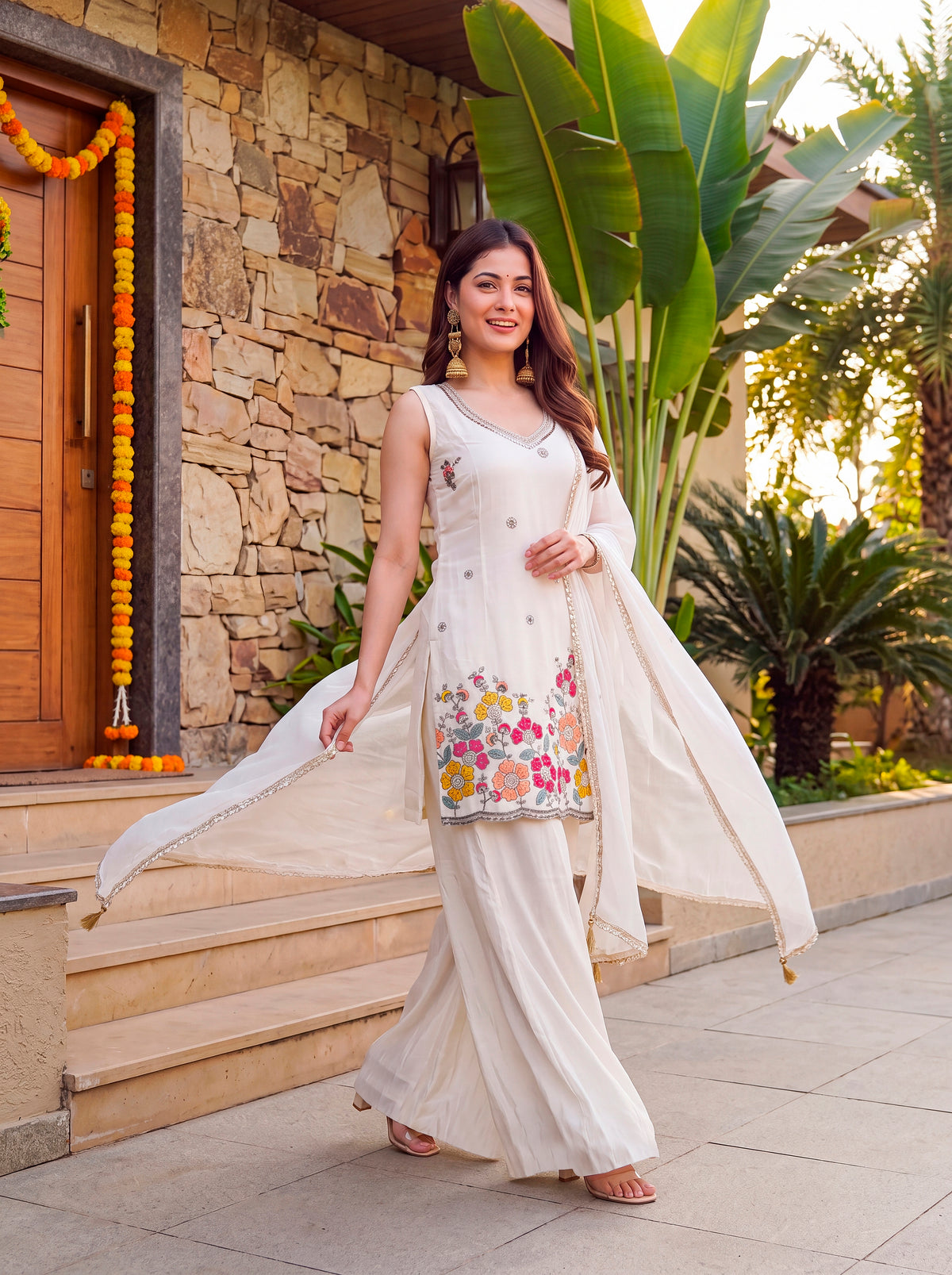 Women’s Off White Sharara Suit Set with Floral Beadwork & Dupatta