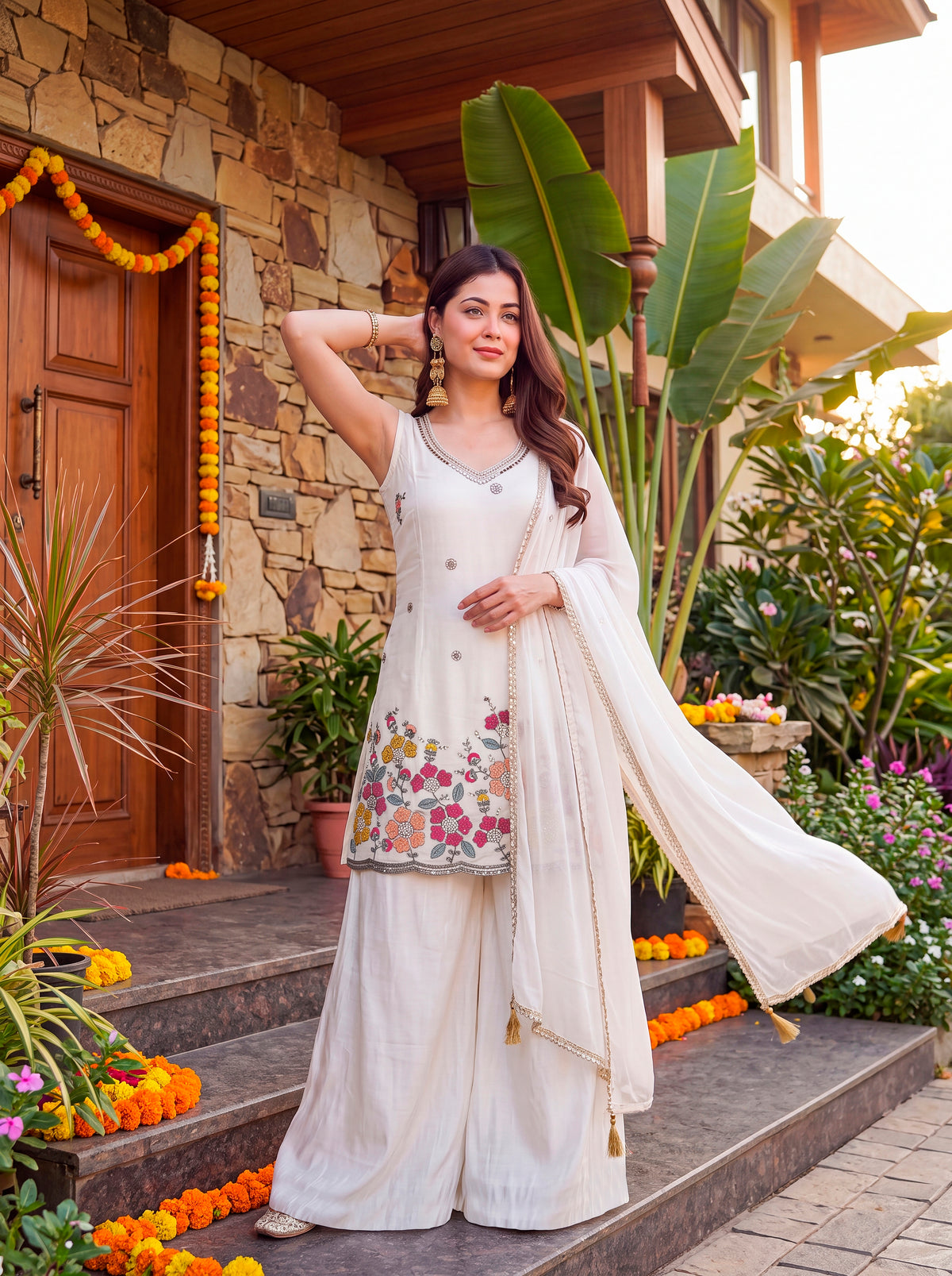 Women’s Off White Sharara Suit Set with Floral Beadwork & Dupatta