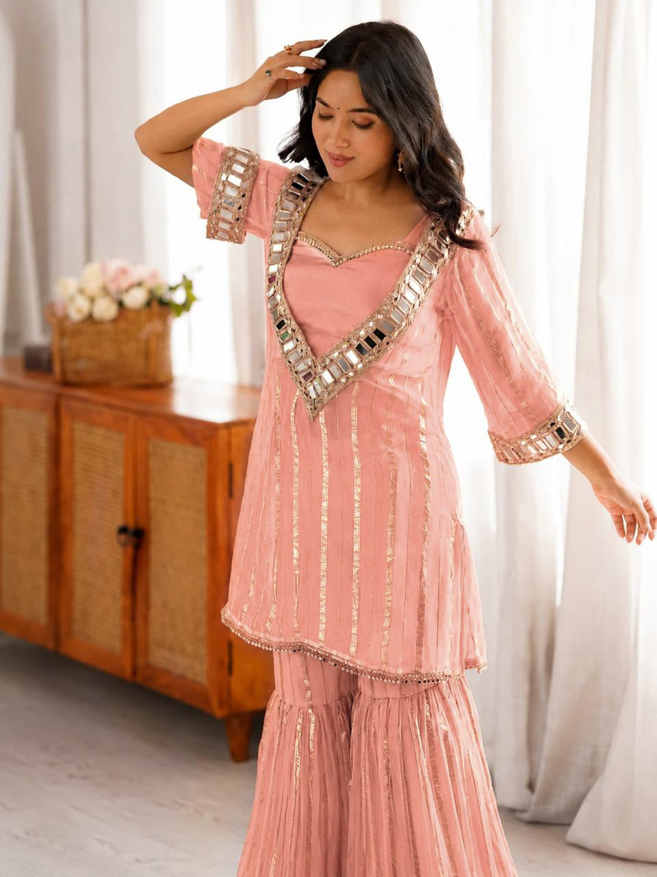 Women's Peach Embroidered Georgette Straight Kurta With Sharara & Dupatta