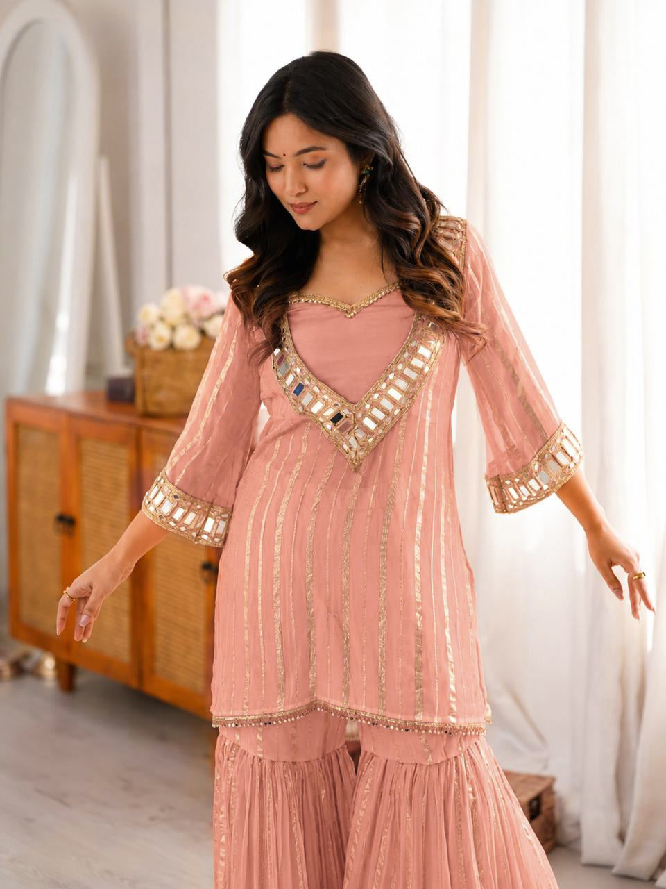 Women's Peach Embroidered Georgette Straight Kurta With Sharara & Dupatta