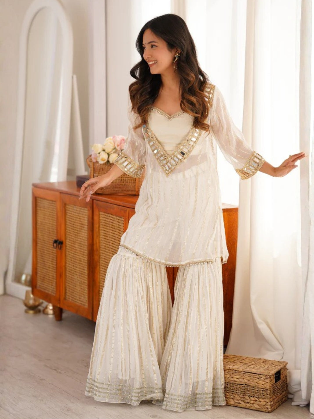 Women's White Embroidered Georgette Straight Kurta With Sharara & Dupatta