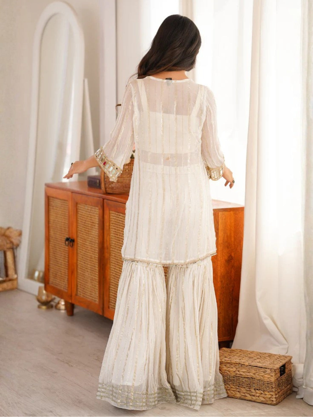 Women's White Embroidered Georgette Straight Kurta With Sharara & Dupatta