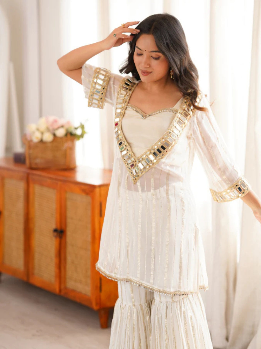 Women's White Embroidered Georgette Straight Kurta With Sharara & Dupatta