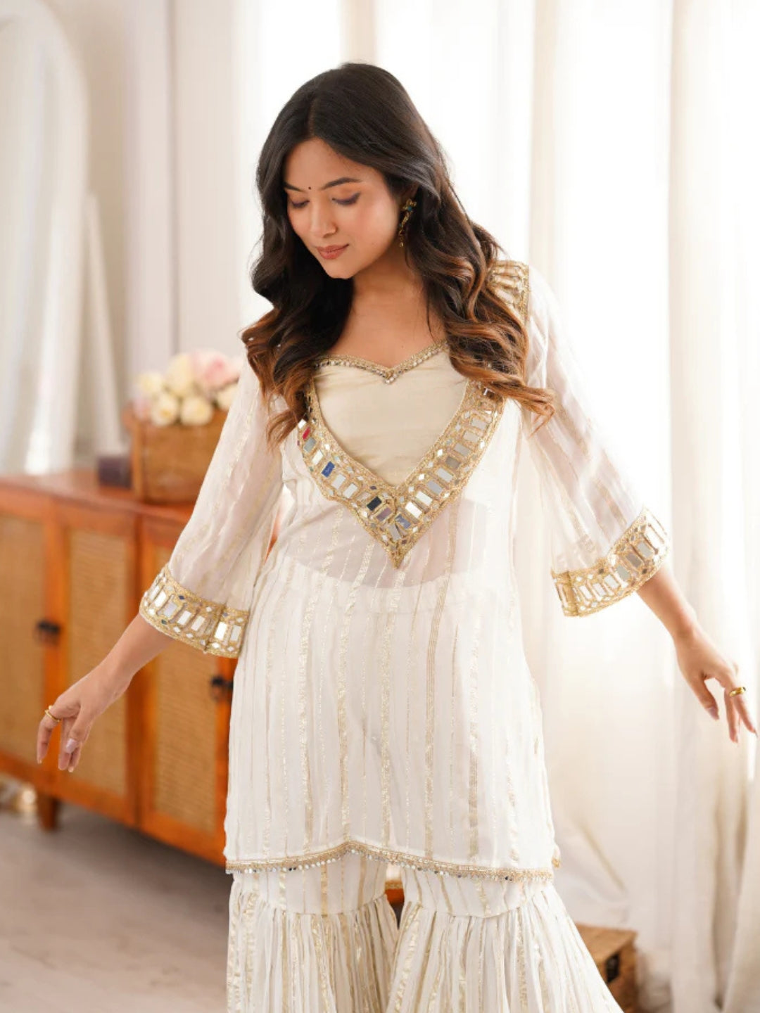 Women's White Embroidered Georgette Straight Kurta With Sharara & Dupatta