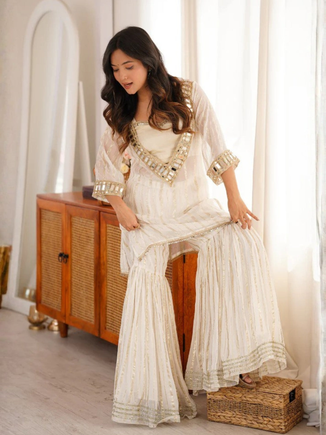 Women's White Embroidered Georgette Straight Kurta With Sharara & Dupatta