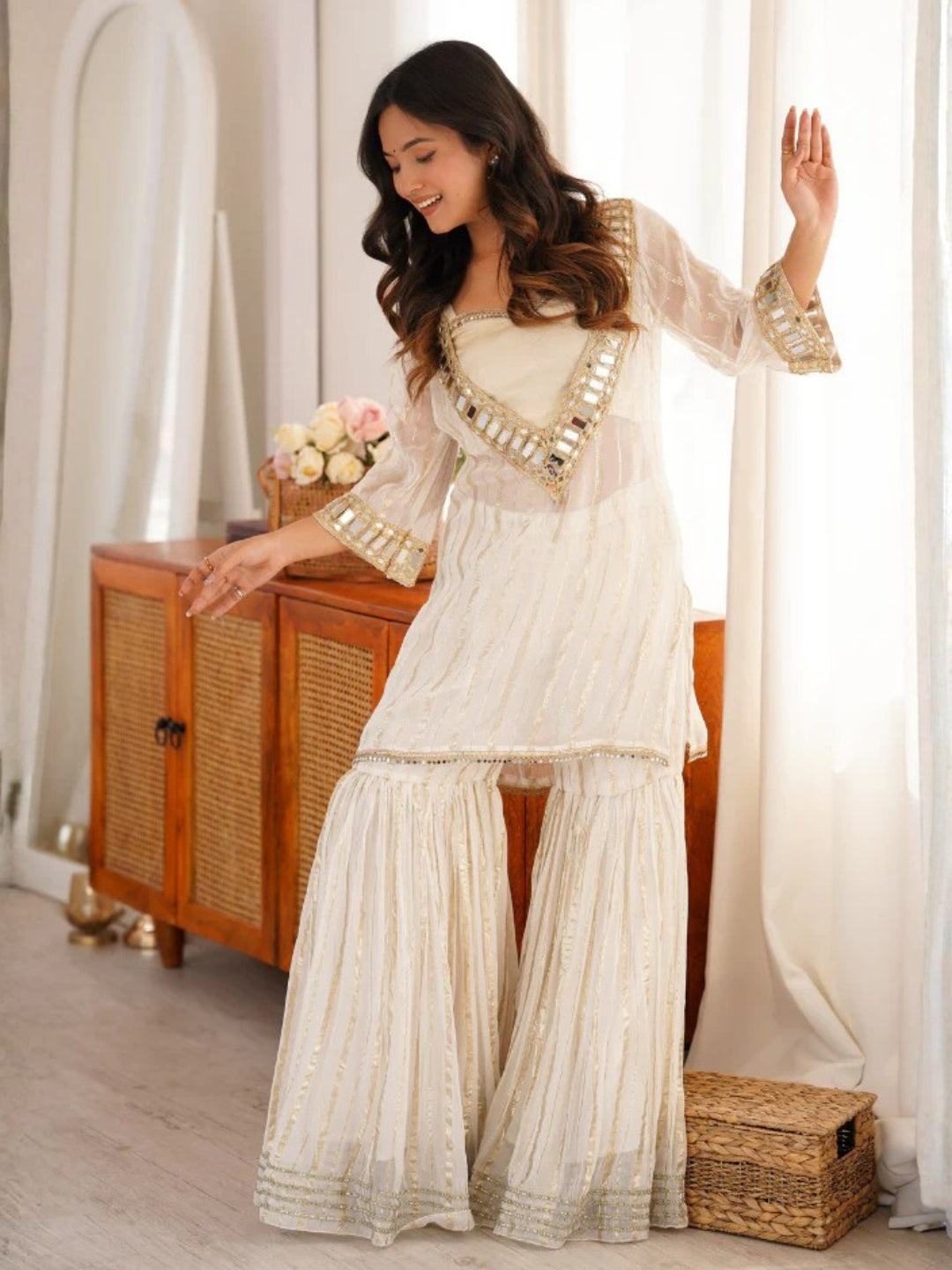 Women's White Embroidered Georgette Straight Kurta With Sharara & Dupatta