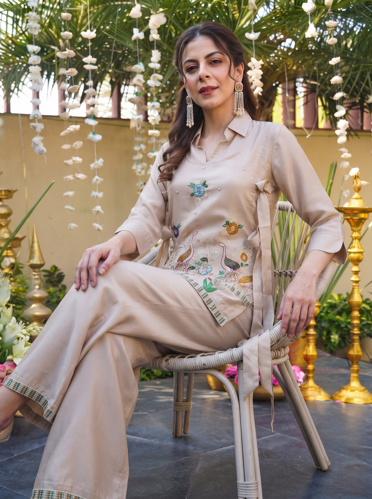 Women’s Beige Embroidered Straight Kurta with Palazzos Set