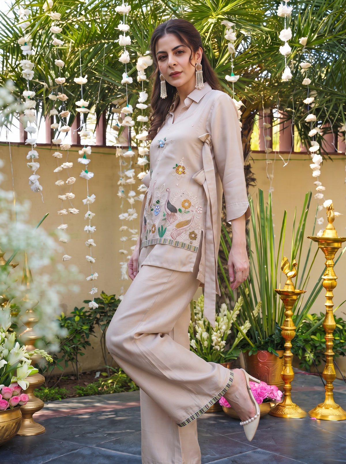 Women’s Beige Embroidered Straight Kurta with Palazzos Set