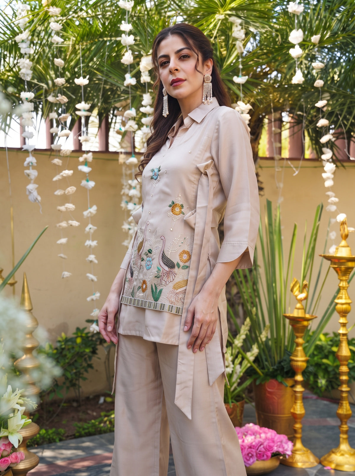 Women’s Beige Embroidered Straight Kurta with Palazzos Set