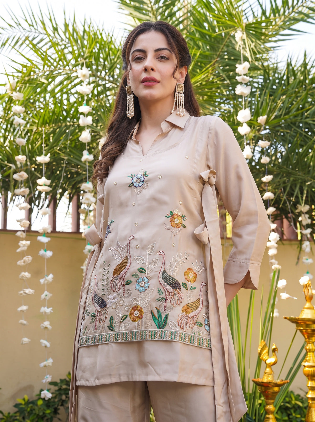 Women’s Beige Embroidered Straight Kurta with Palazzos Set