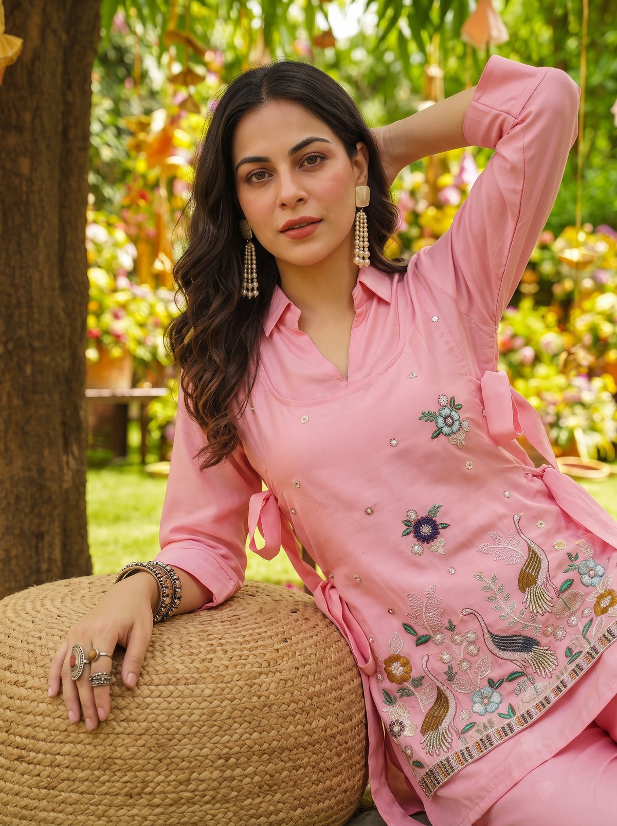 Women’s peach Embroidered Straight Kurta with Palazzos Set