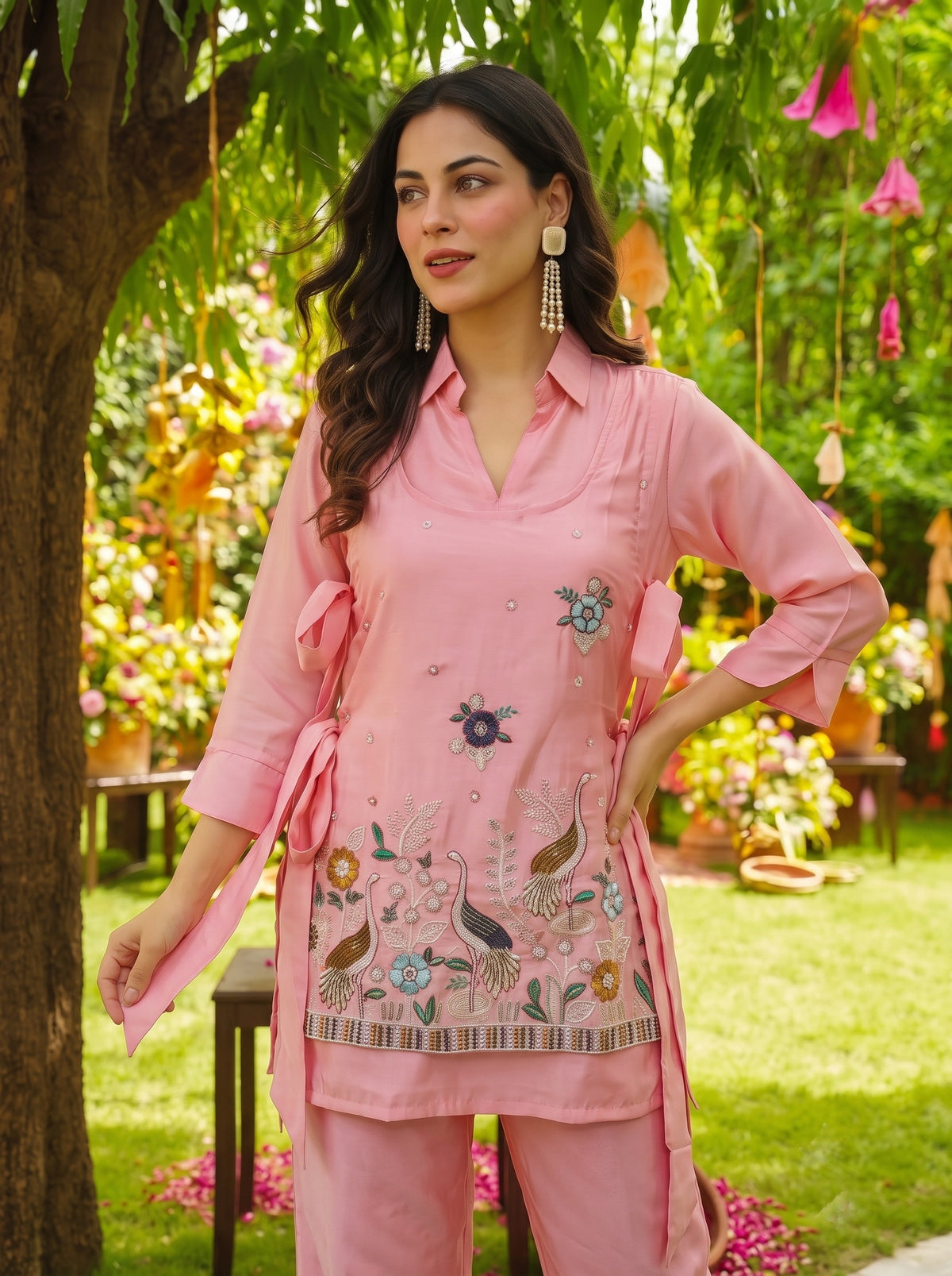 Women’s peach Embroidered Straight Kurta with Palazzos Set