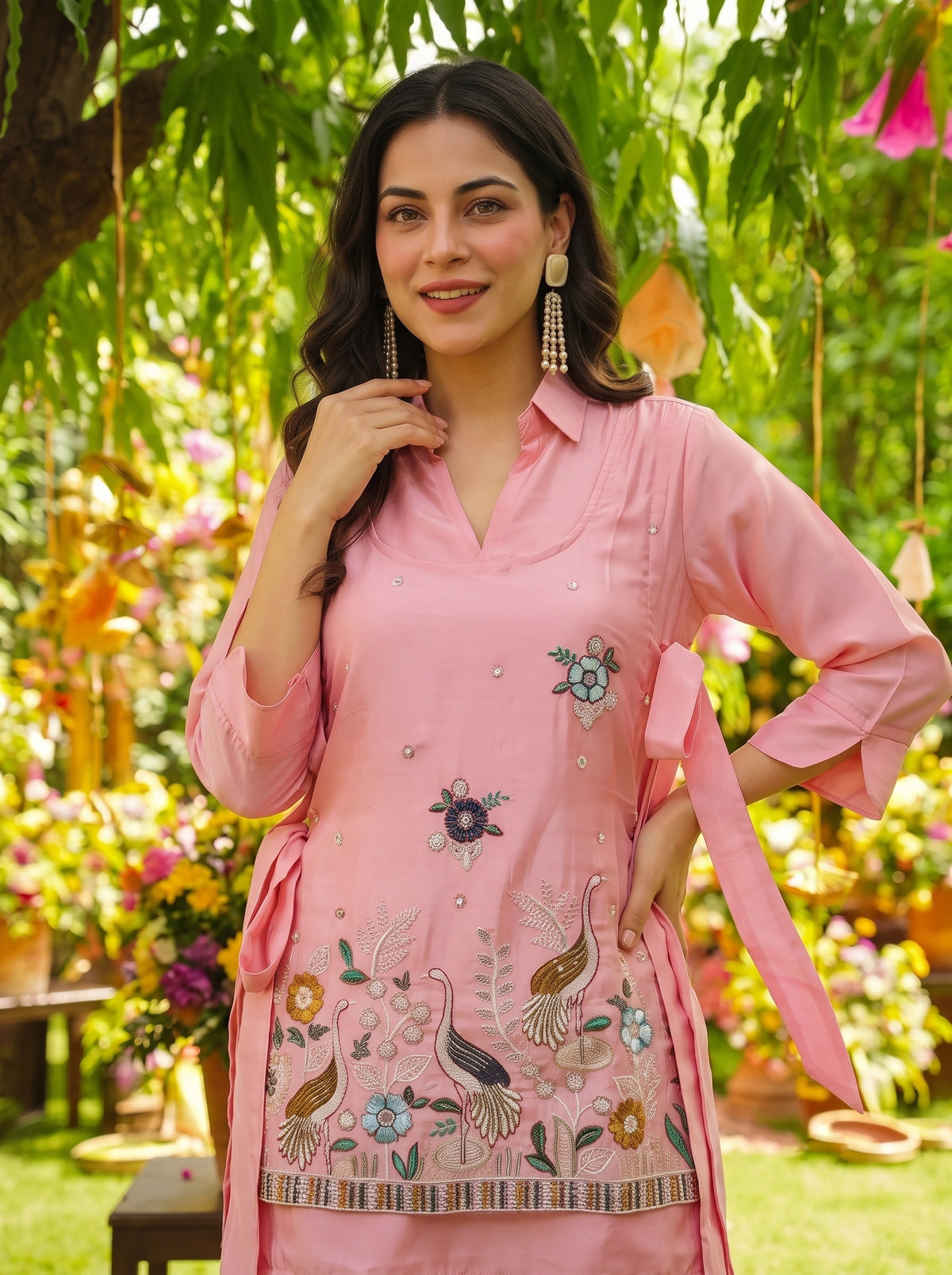 Women’s peach Embroidered Straight Kurta with Palazzos Set
