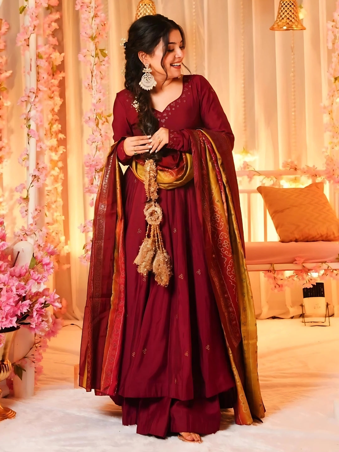 Maroon Embroidered Anarkali Kurta With A Yellow And Red Patterned Dupatta