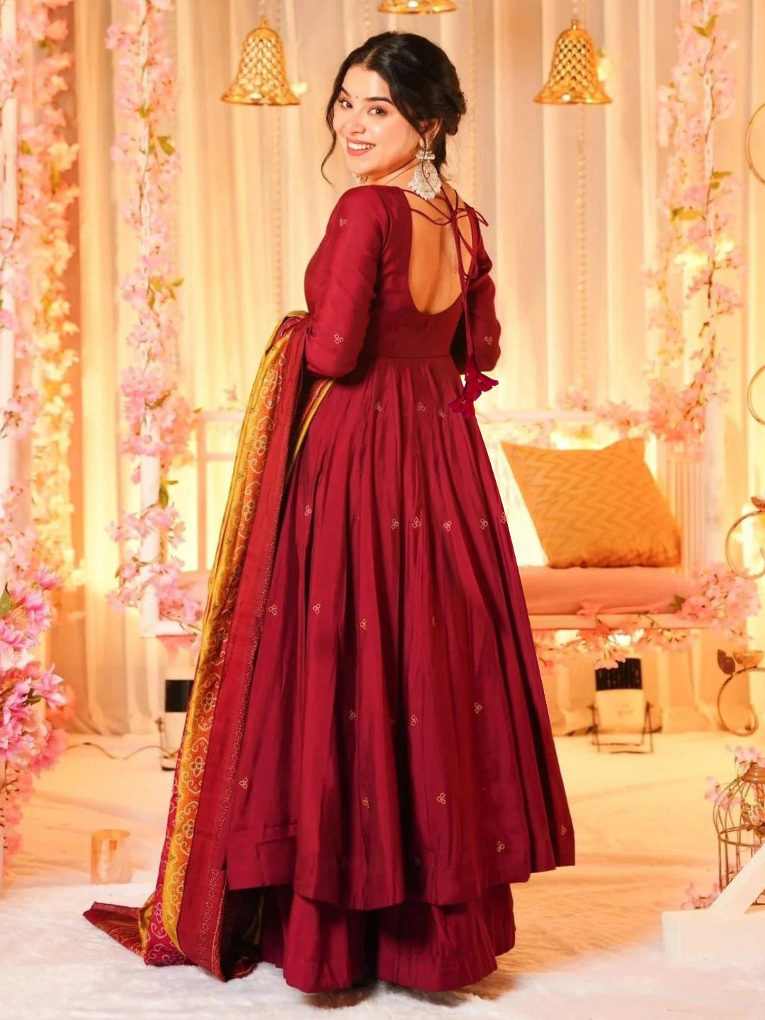 Maroon Embroidered Anarkali Kurta With A Yellow And Red Patterned Dupatta