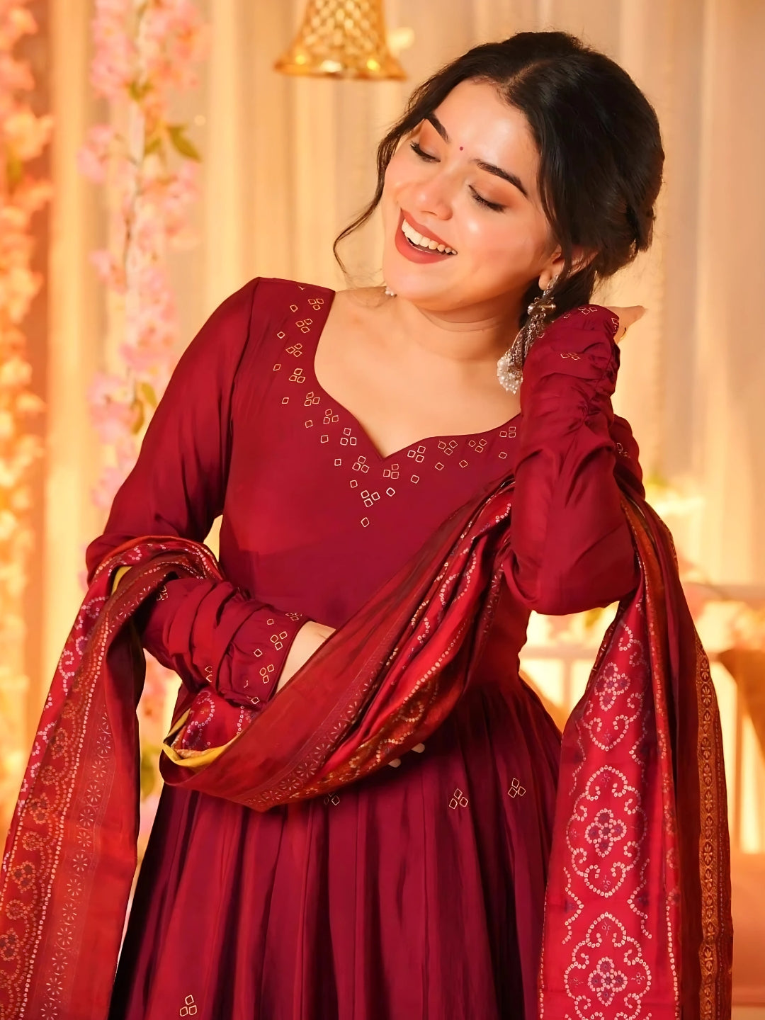 Maroon Embroidered Anarkali Kurta With A Yellow And Red Patterned Dupatta