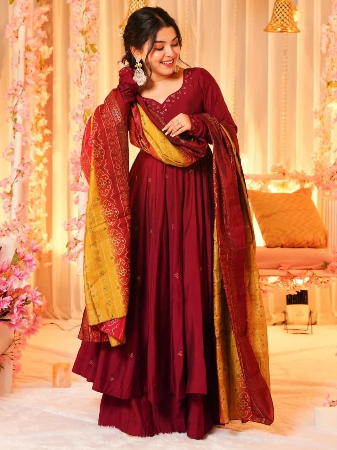 Maroon Embroidered Anarkali Kurta With A Yellow And Red Patterned Dupatta