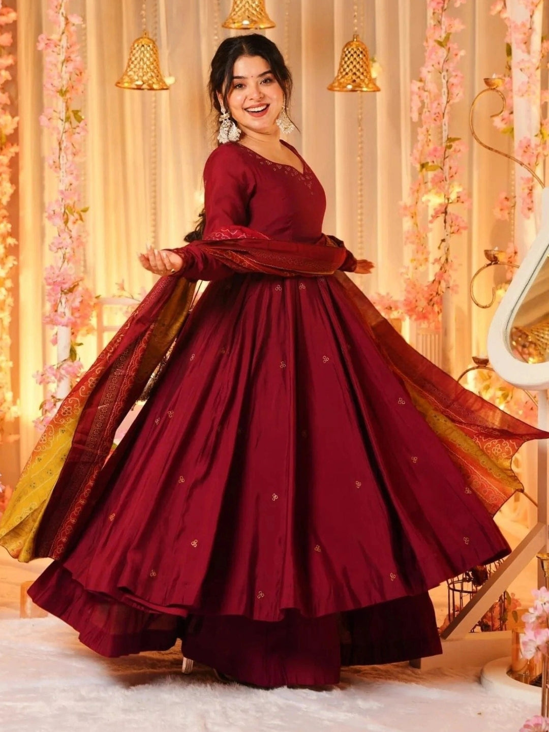 Maroon Embroidered Anarkali Kurta With A Yellow And Red Patterned Dupatta