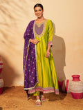 Women’s Lime Green Silk Embroidered Anarkali Suit Set with Purple Dupatta
