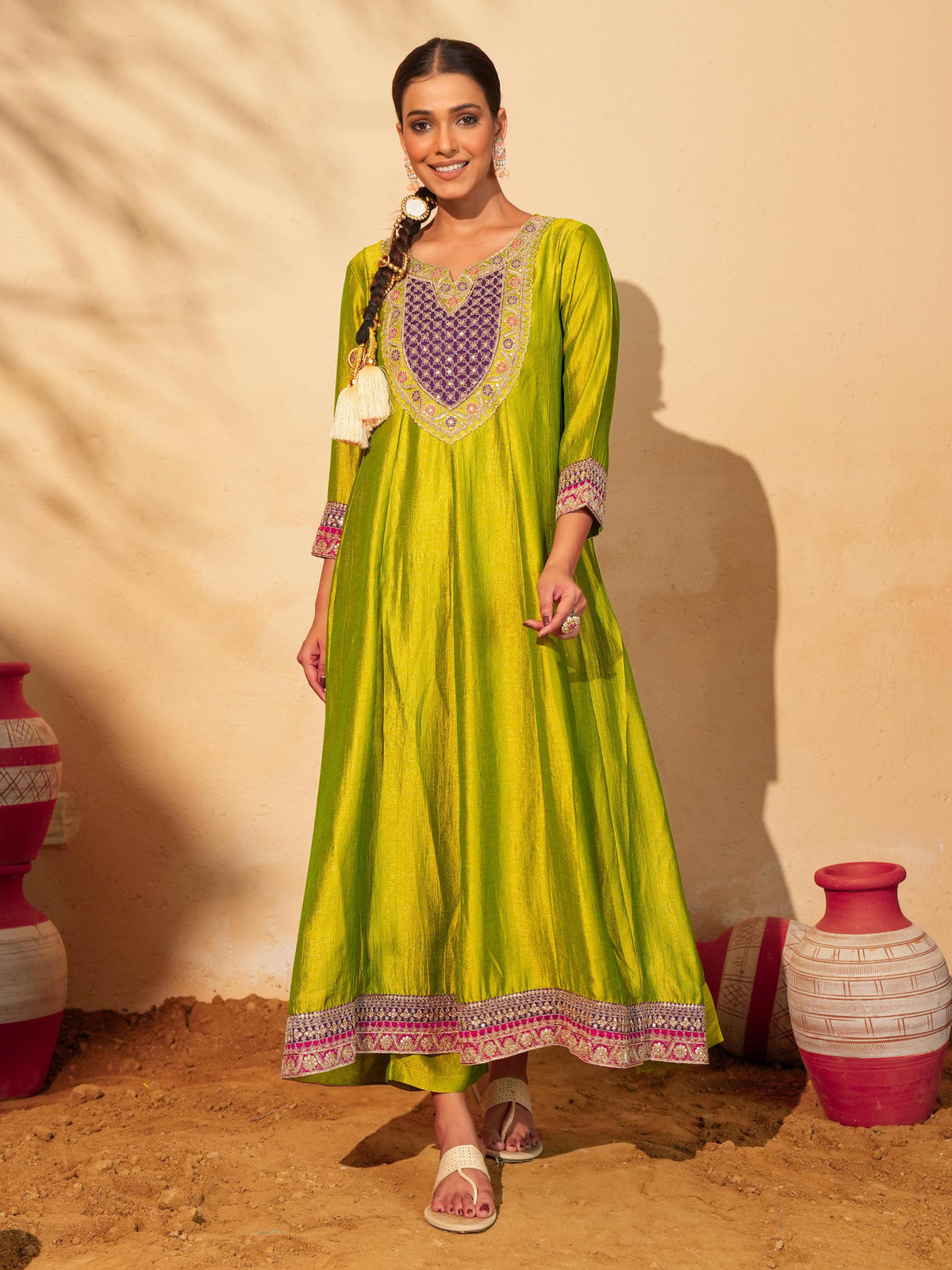 Women’s Lime Green Silk Embroidered Anarkali Suit Set with Purple Dupatta
