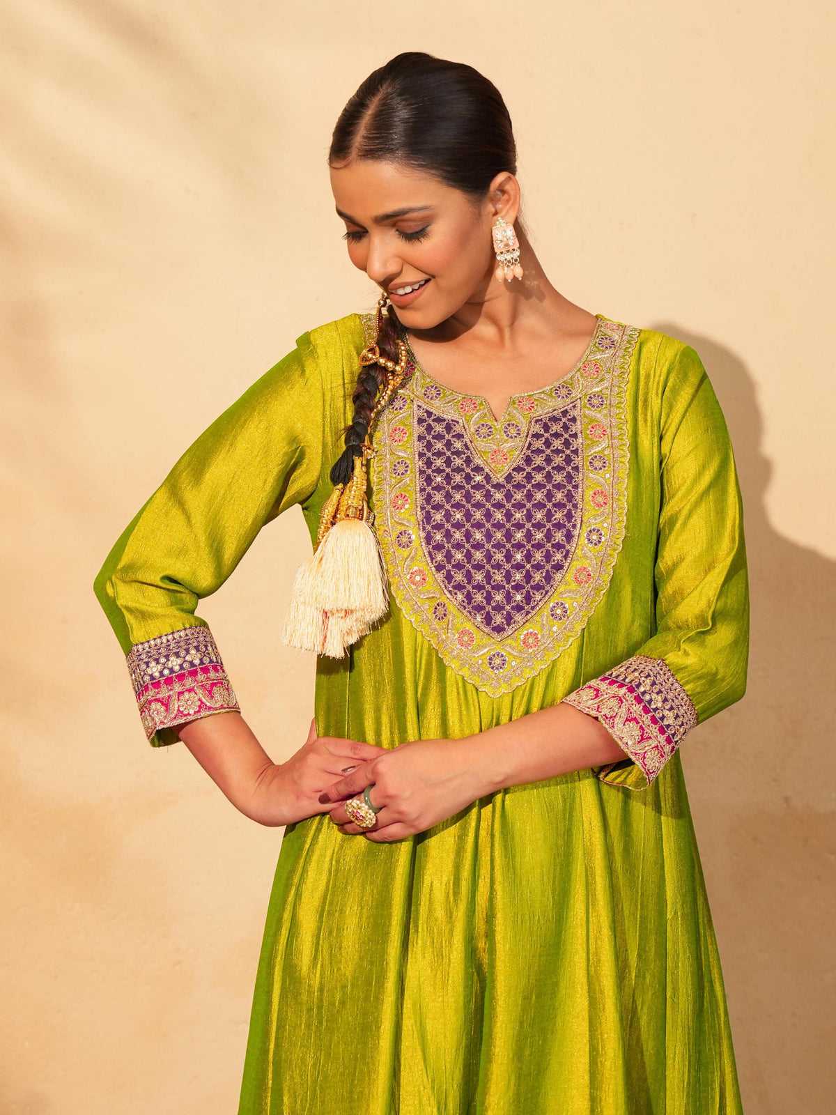Women’s Lime Green Silk Embroidered Anarkali Suit Set with Purple Dupatta