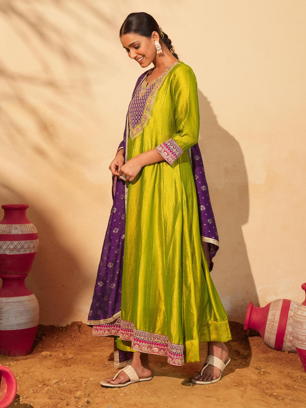 Women’s Lime Green Silk Embroidered Anarkali Suit Set with Purple Dupatta