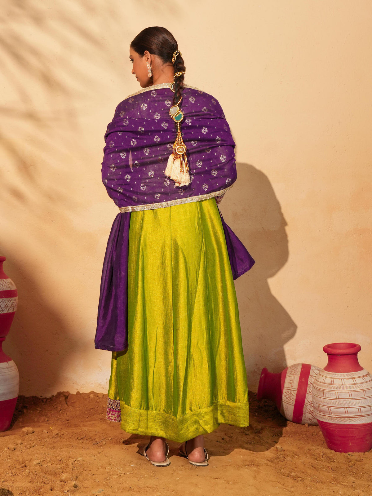 Women’s Lime Green Silk Embroidered Anarkali Suit Set with Purple Dupatta