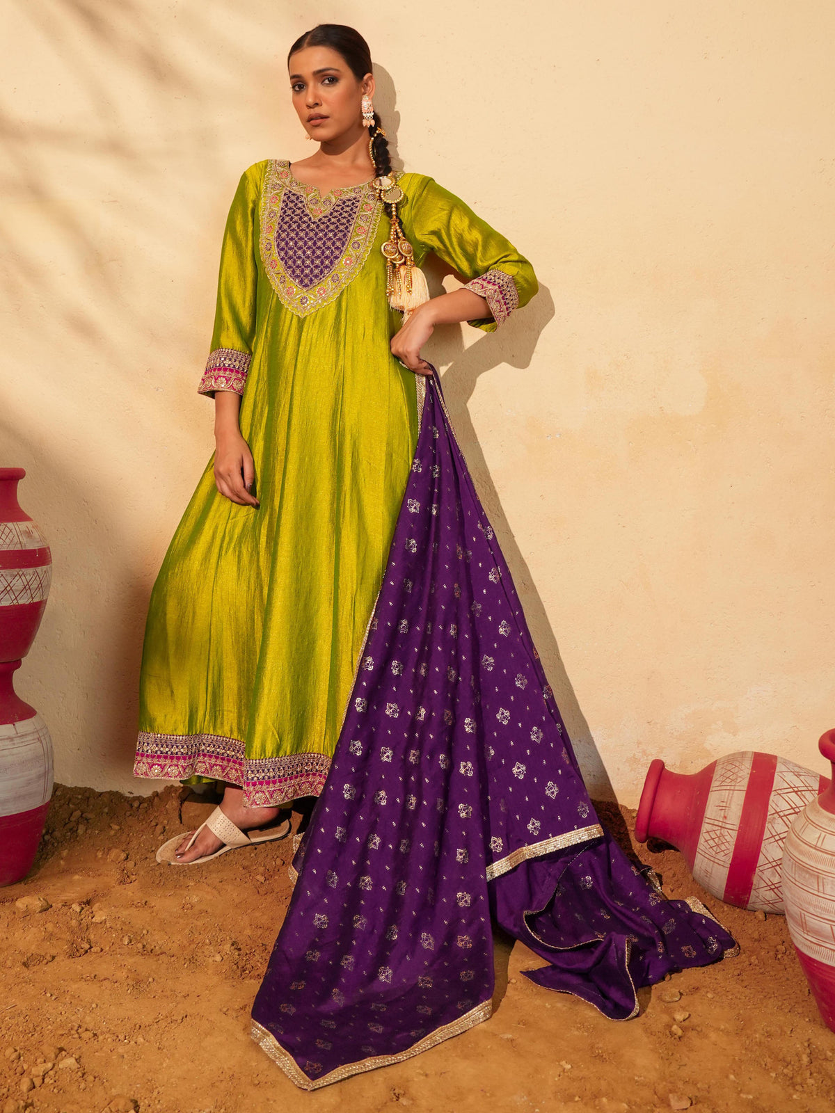 Women’s Lime Green Silk Embroidered Anarkali Suit Set with Purple Dupatta