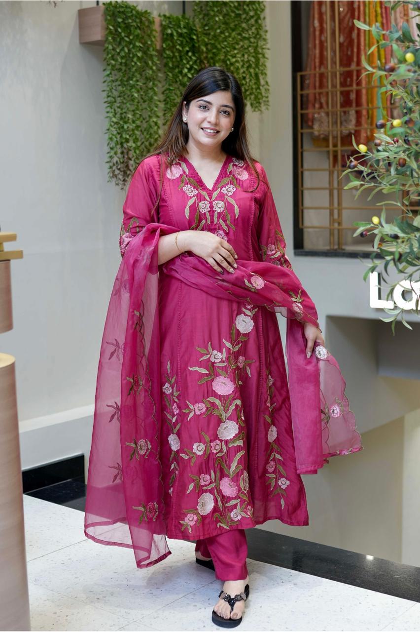 Naysa Pink Silk Anarkali Kurta Set with Dupatta for Women