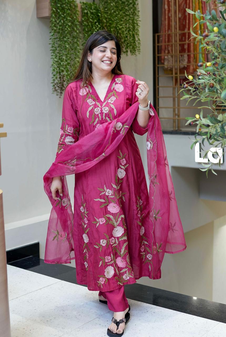 Naysa Pink Silk Anarkali Kurta Set with Dupatta for Women