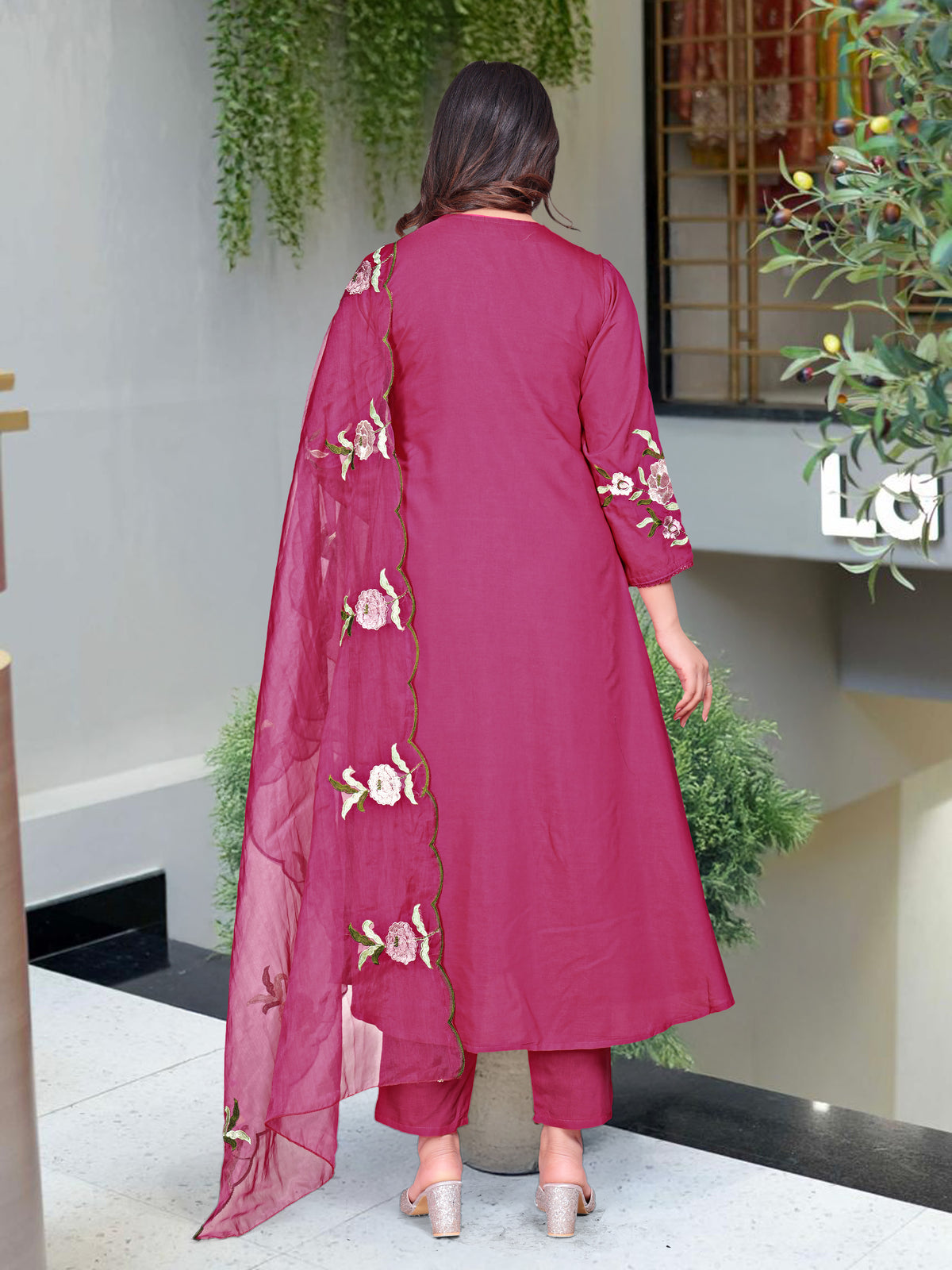 Naysa Pink Silk Anarkali Kurta Set with Dupatta for Women