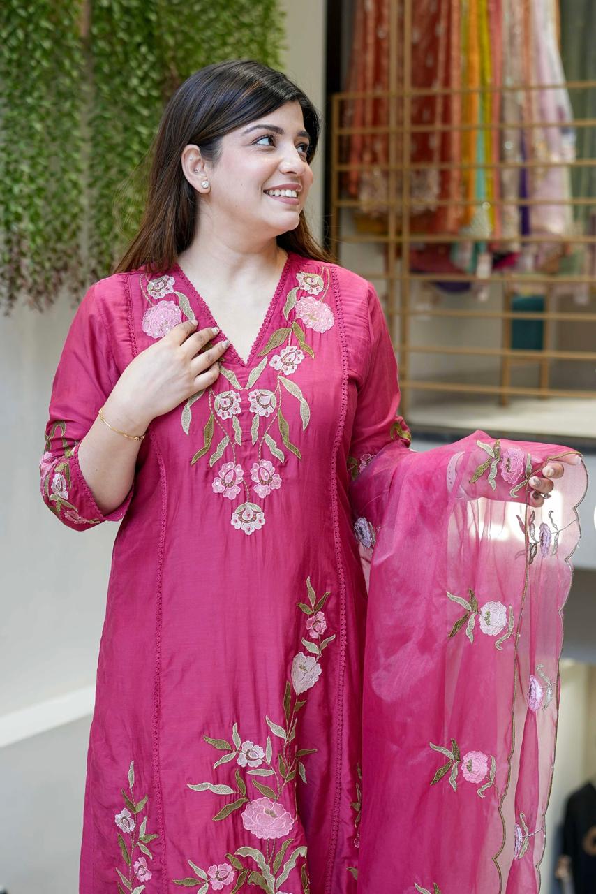 Naysa Pink Silk Anarkali Kurta Set with Dupatta for Women