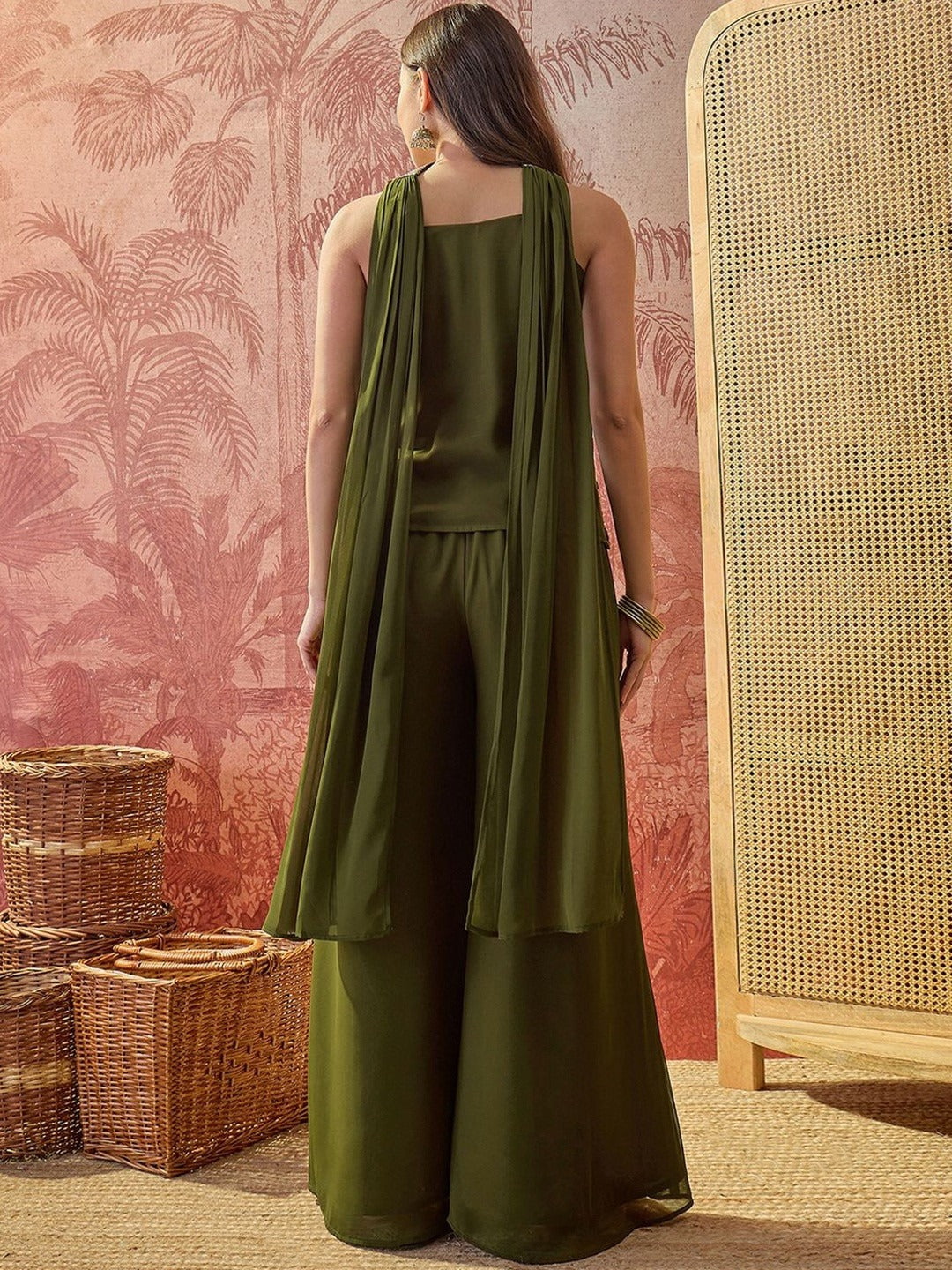 Women's Olive Green Embroidered Georgette Crop Top with Palazzo and Dupatta Set