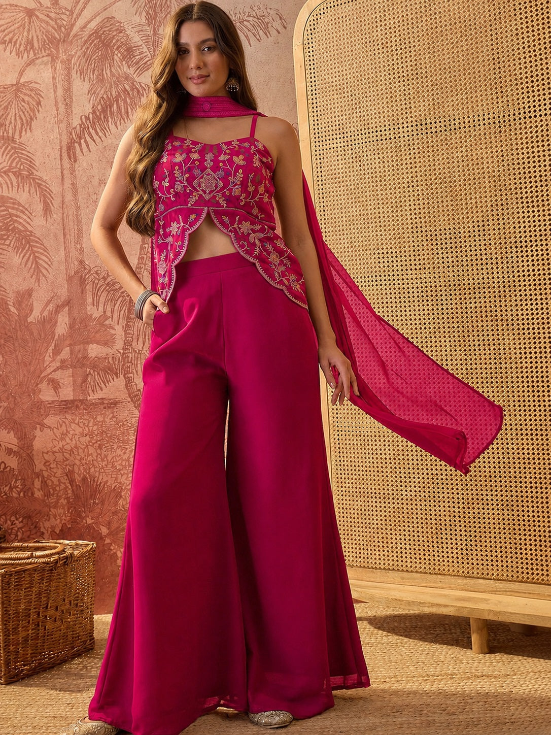 Women's Rani Pink Embroidered Georgette Crop Top with Palazzo and Dupatta Set