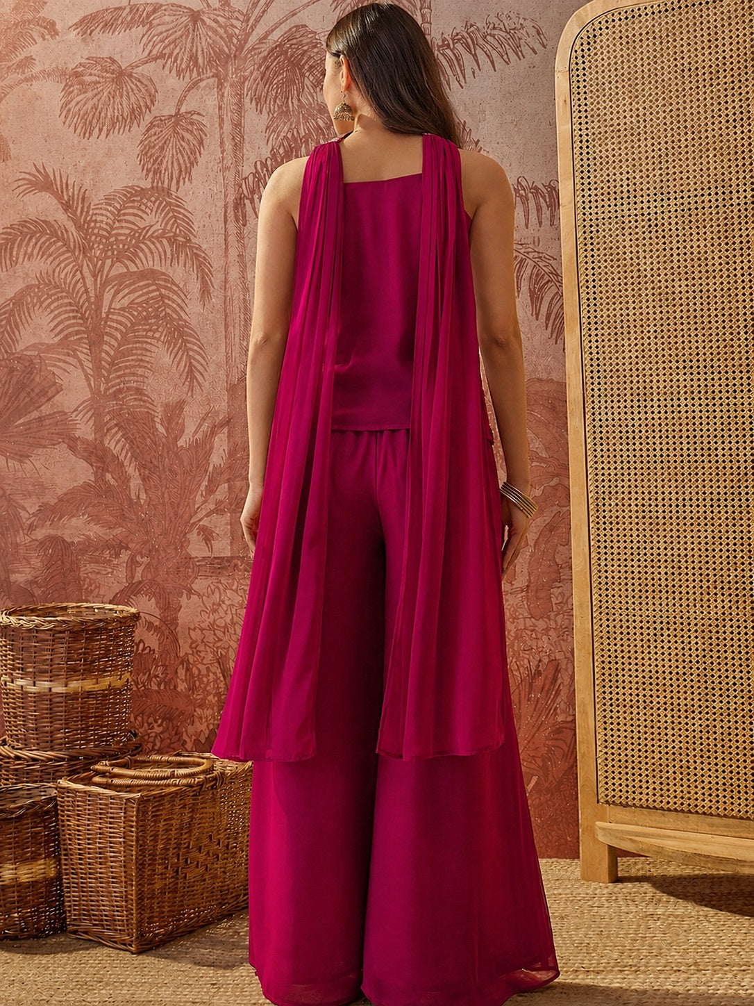 Women's Rani Pink Embroidered Georgette Crop Top with Palazzo and Dupatta Set