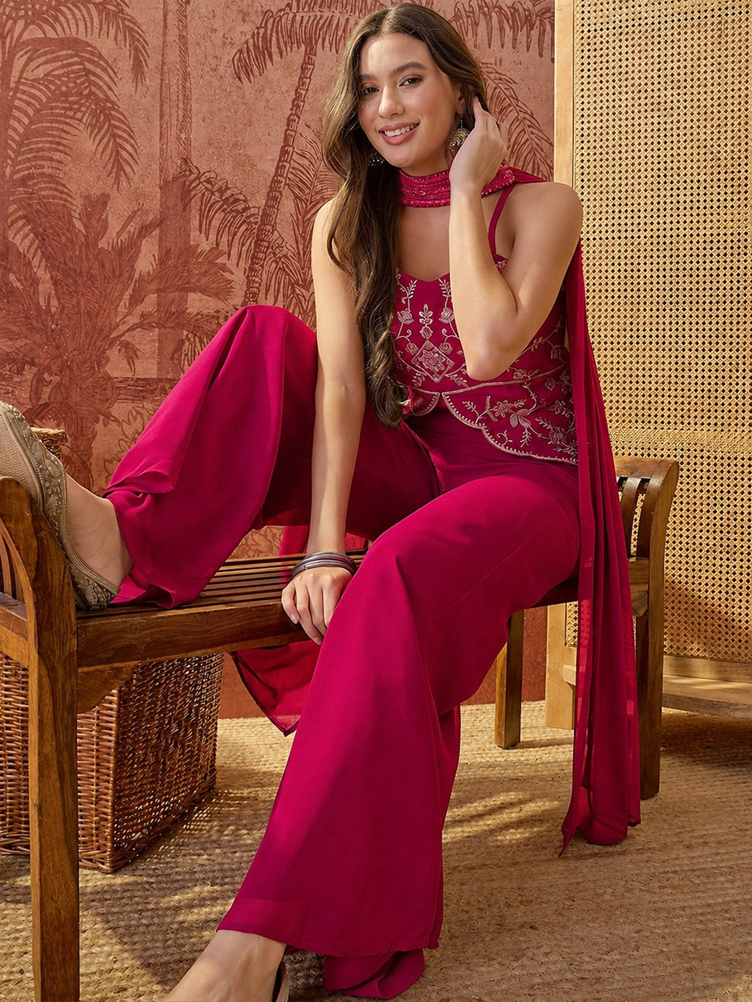 Women's Rani Pink Embroidered Georgette Crop Top with Palazzo and Dupatta Set