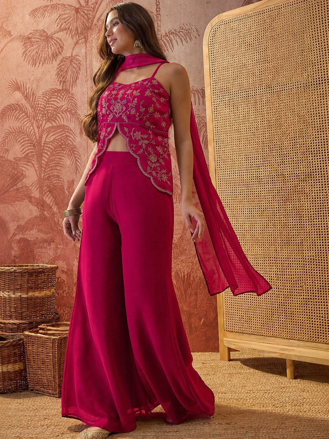 Women's Rani Pink Embroidered Georgette Crop Top with Palazzo and Dupatta Set