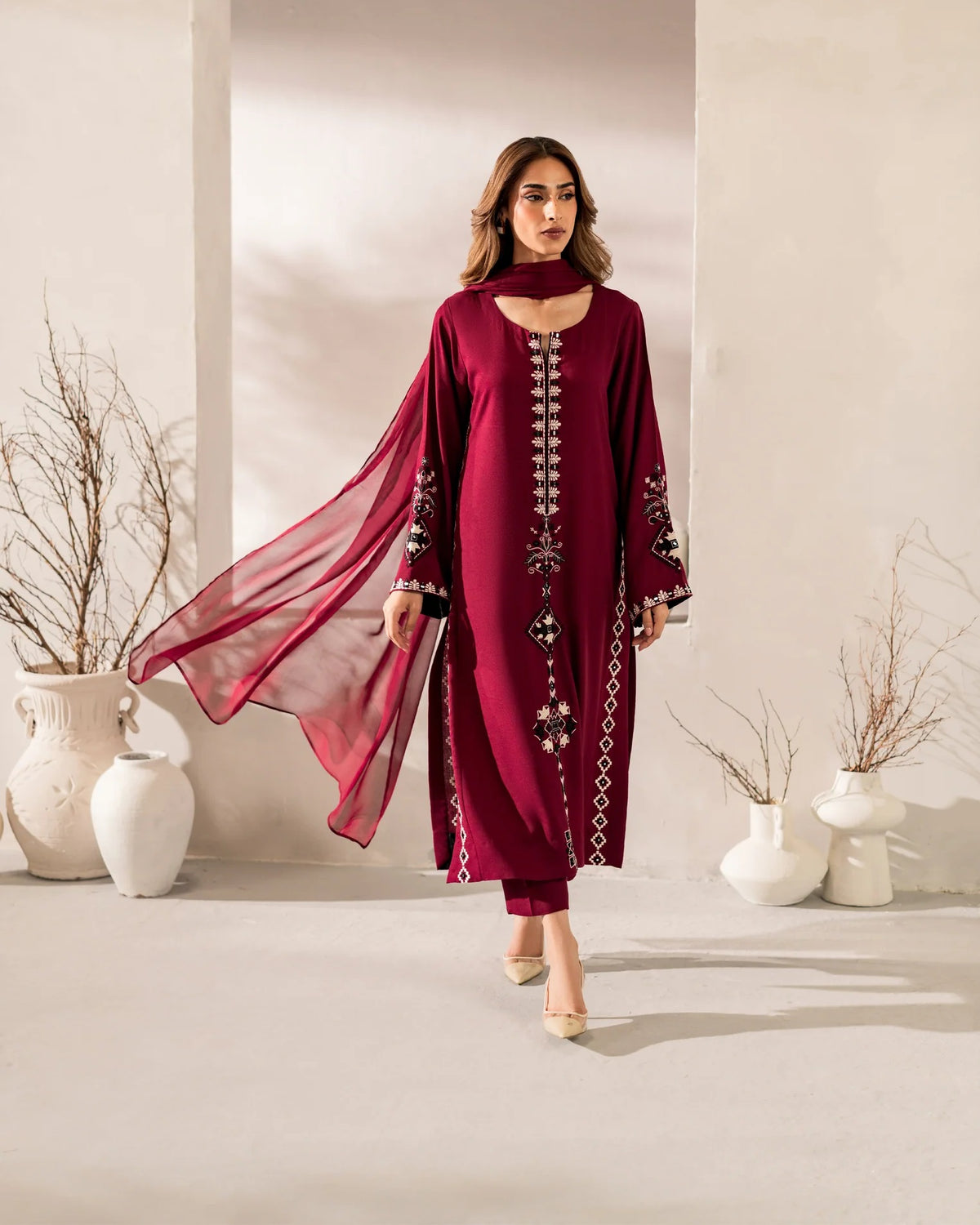 Maroon Embroidered Straight Kurta Suit Set for Women