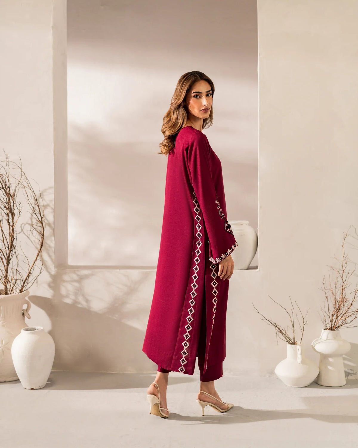 Maroon Embroidered Straight Kurta Suit Set for Women