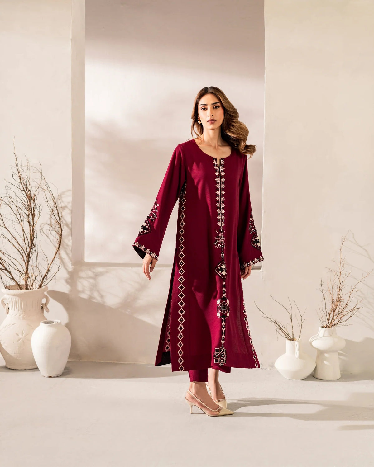 Maroon Embroidered Straight Kurta Suit Set for Women