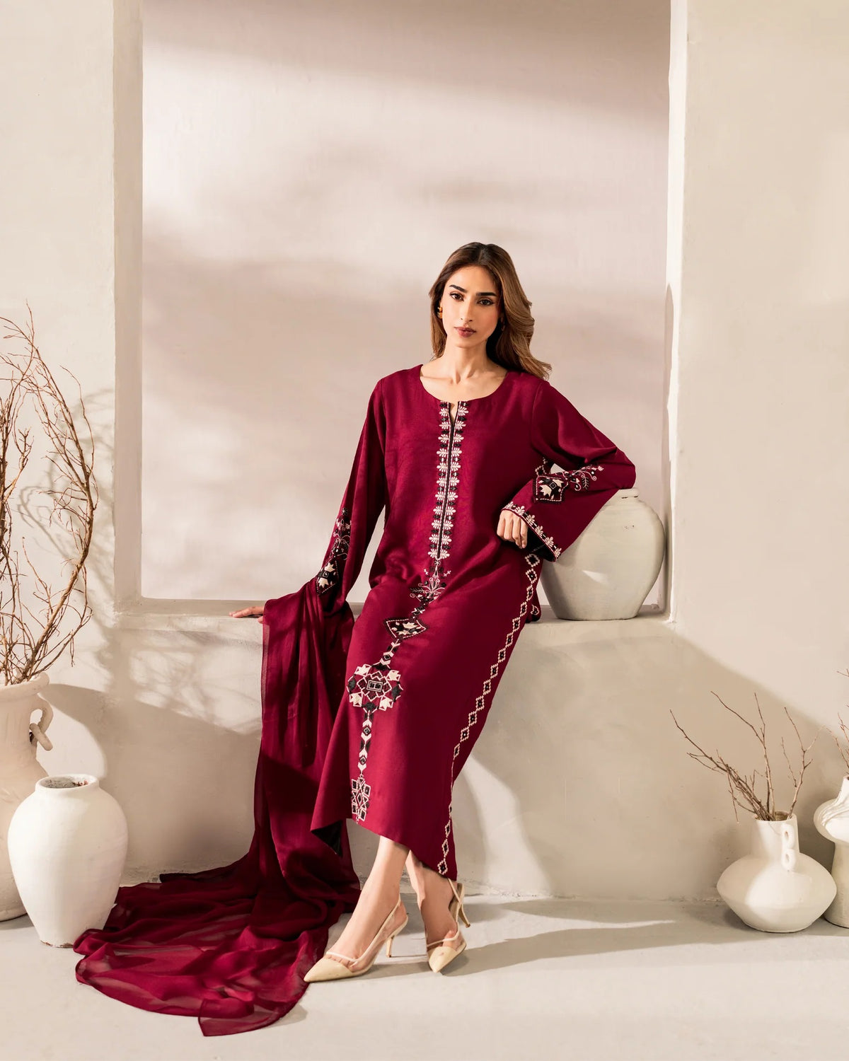 Maroon Embroidered Straight Kurta Suit Set for Women
