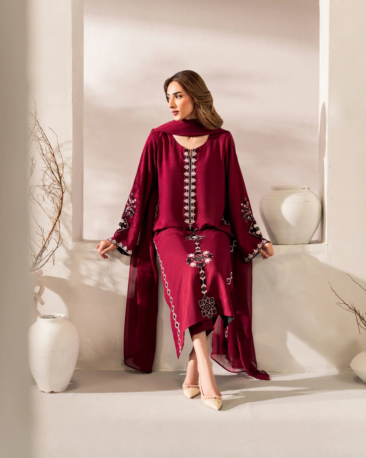 Maroon Embroidered Straight Kurta Suit Set for Women