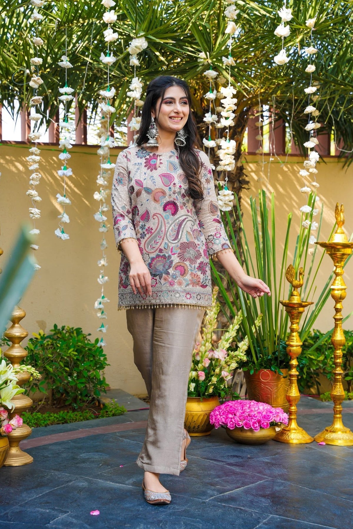 Stone Grey Floral Embroidered Art Silk Kurta with Pant