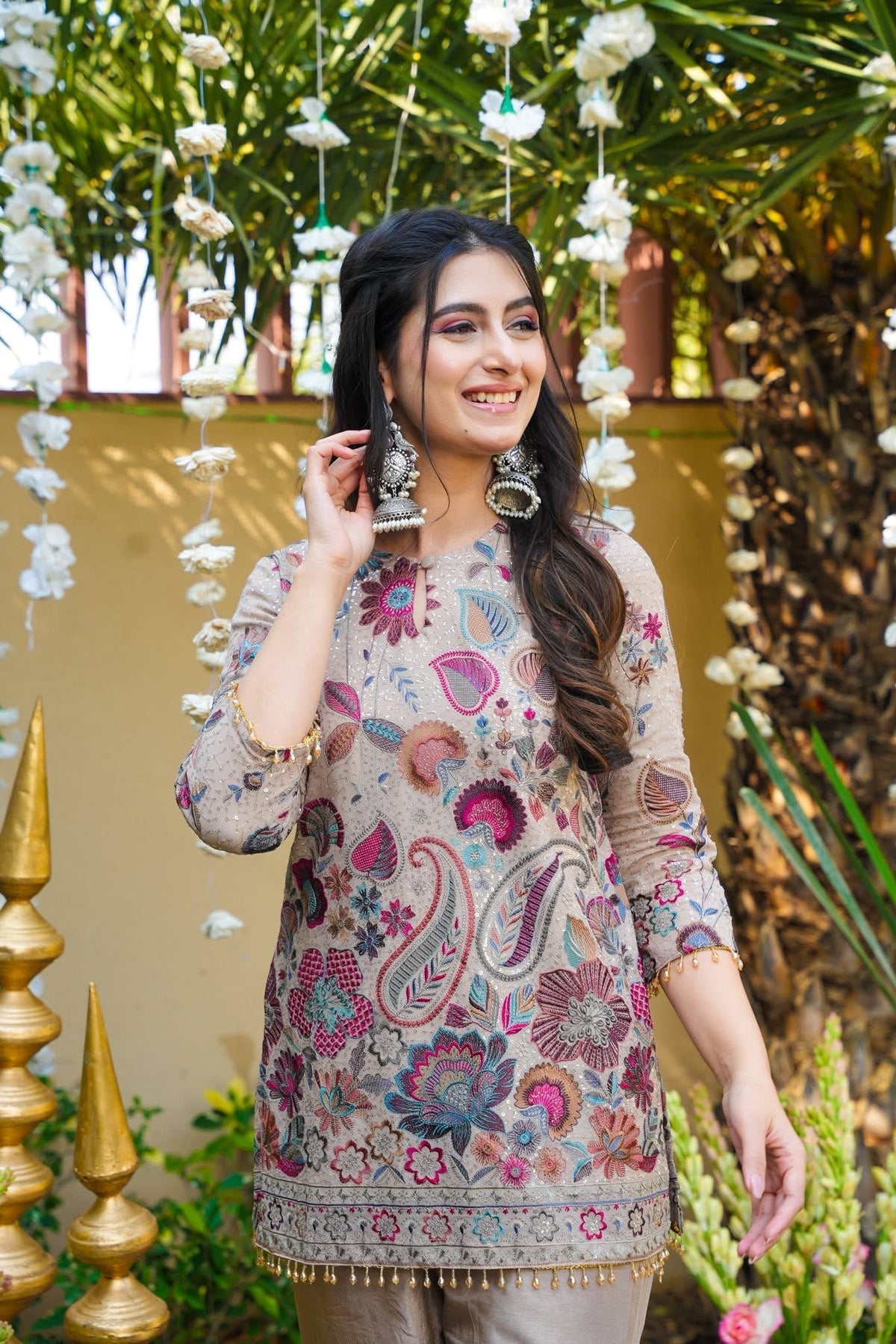 Stone Grey Floral Embroidered Art Silk Kurta with Pant